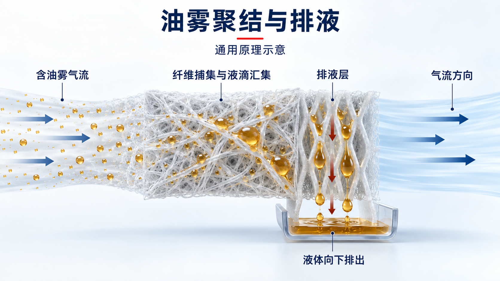 油雾聚结与排液通用原理示意。