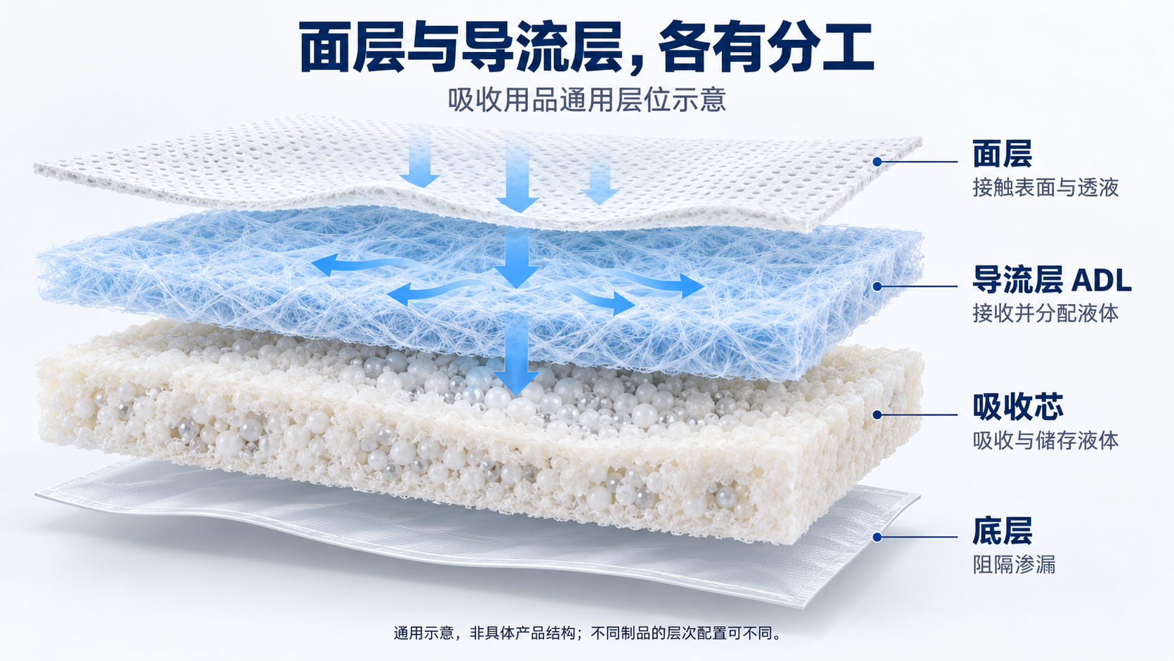 吸收用品面层、导流层ADL、吸收芯与底层通用结构示意