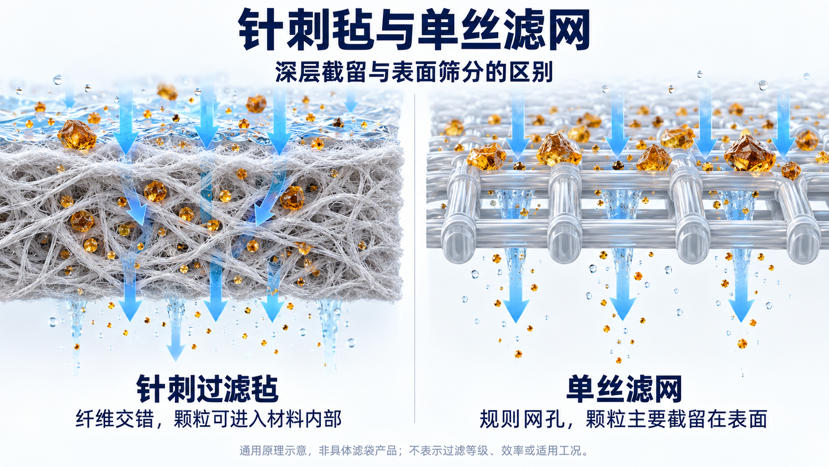 针刺毡与单丝滤网：深层截留和表面筛分的通用原理示意。
