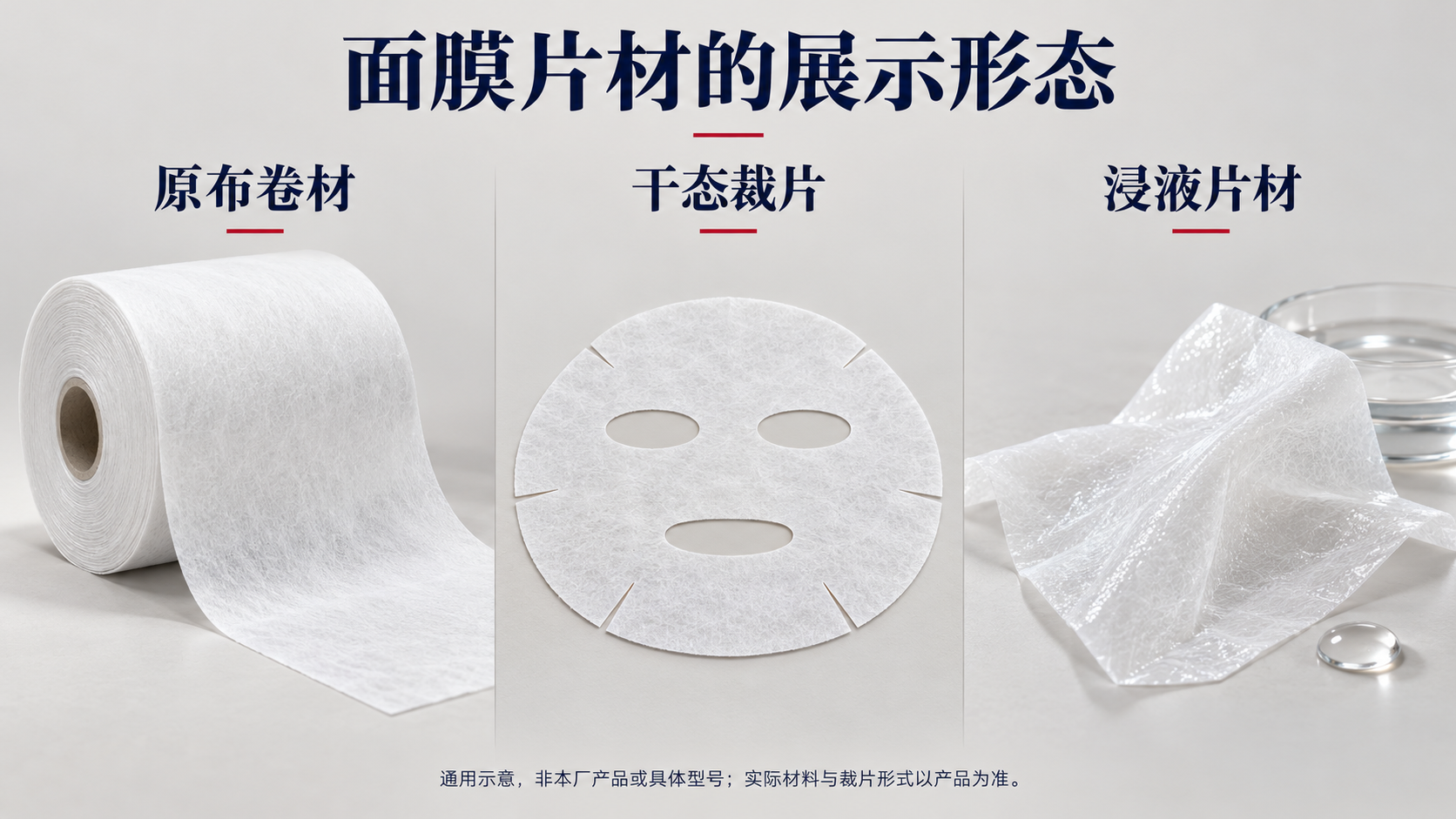 面膜片材原布卷材、干态裁片与浸液片材的通用形态示意